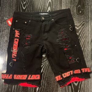 Locked & Loaded Shorts - Jet Black Denim With Red - Featuring Black / Red Straps